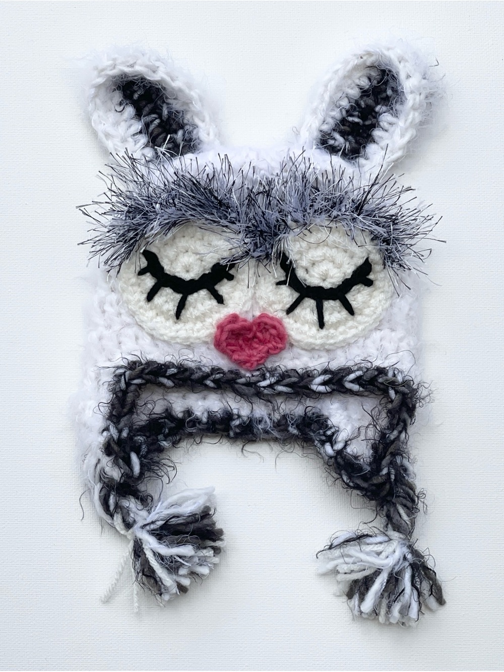 Handmade Baby Bunny Animal Earflap Hat – White & Gray Fuzzy Newborn Hat - Picture 4 of 5